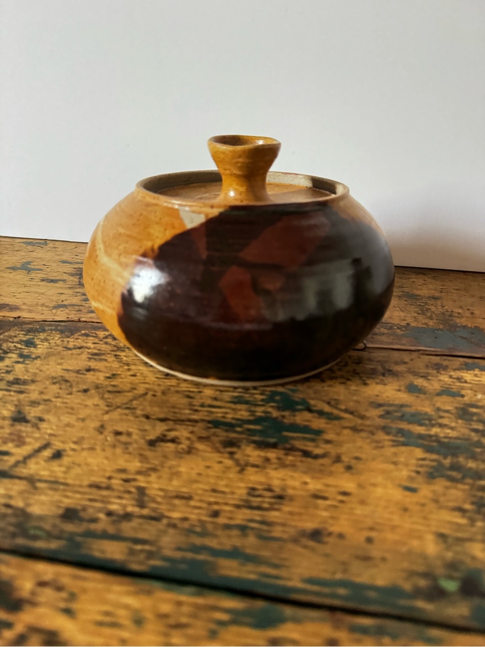 Handcrafted Brown and Tan Ceramic Lidded Pot